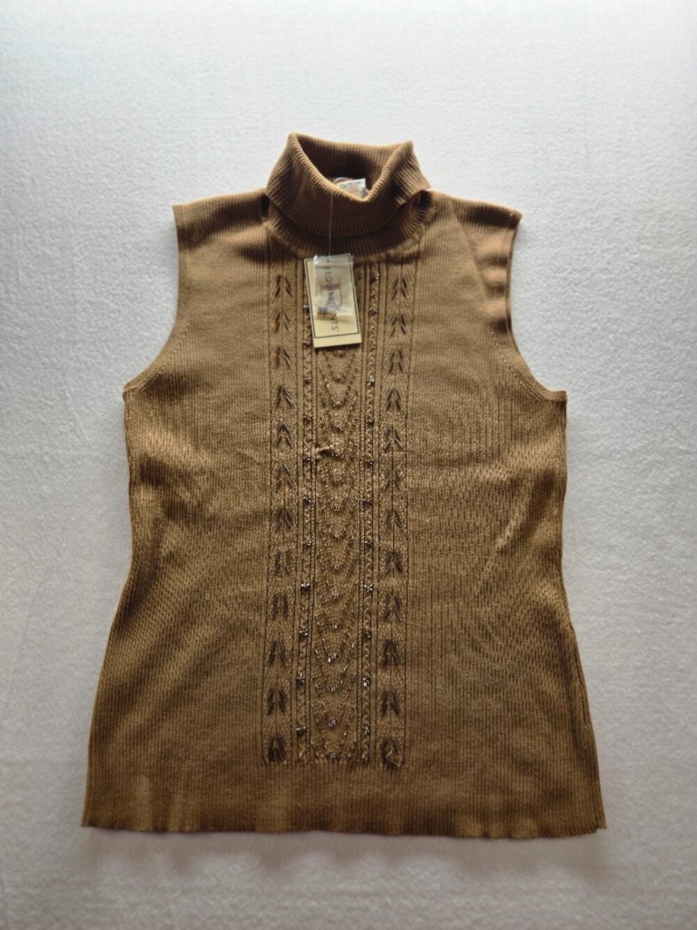 Requirements Sleeveless Ribbed Knit Top XL Brown Beaded Detail